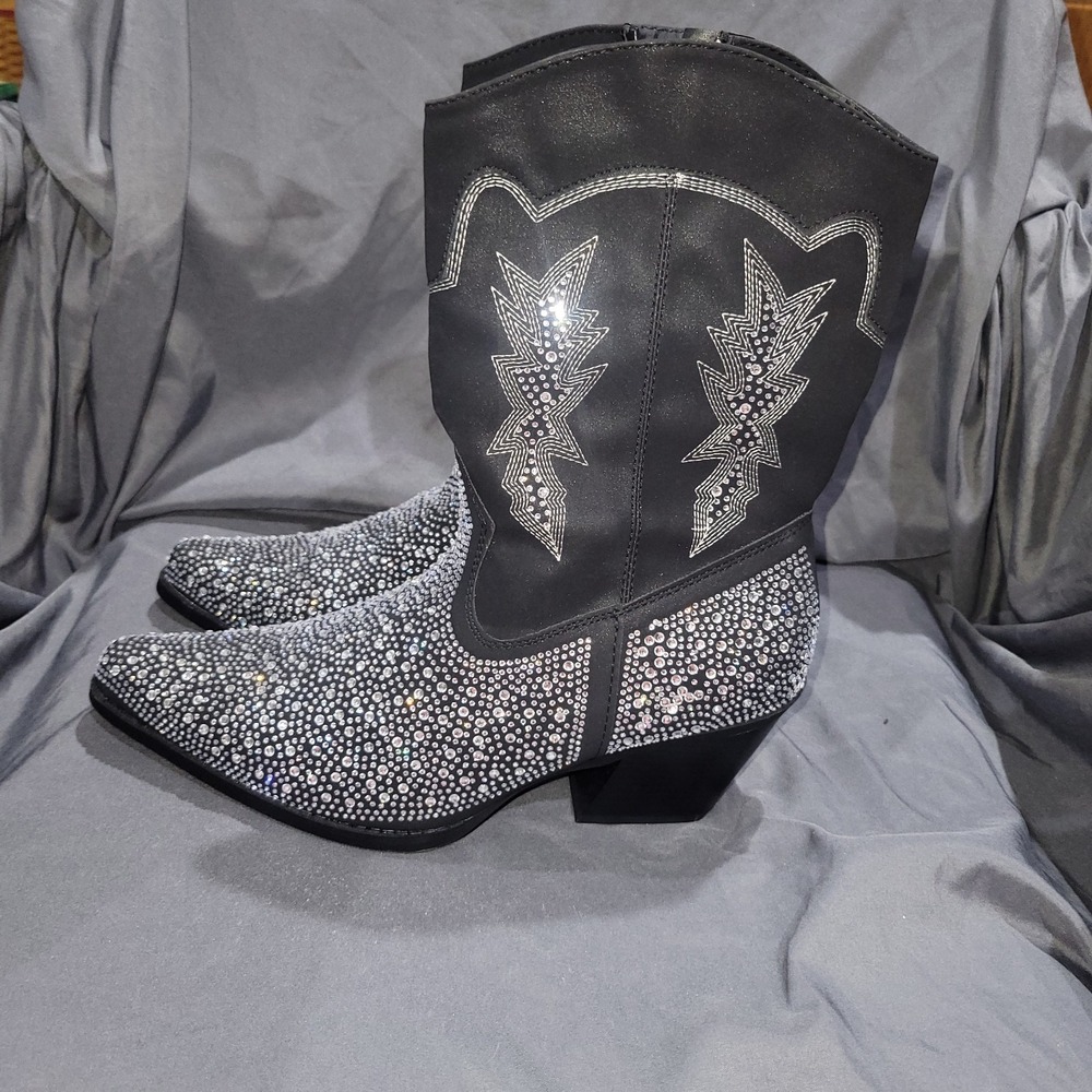 Forever Black Mid Calf Rhinestone Cowgirl Cowboy Boots Size 10